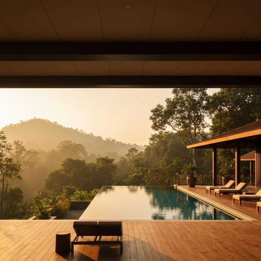 Luxury wellness resort at dawn
